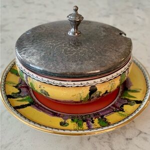 Yellow Floral Ceramic Sugar Bowl with Silver-Tone Lid
